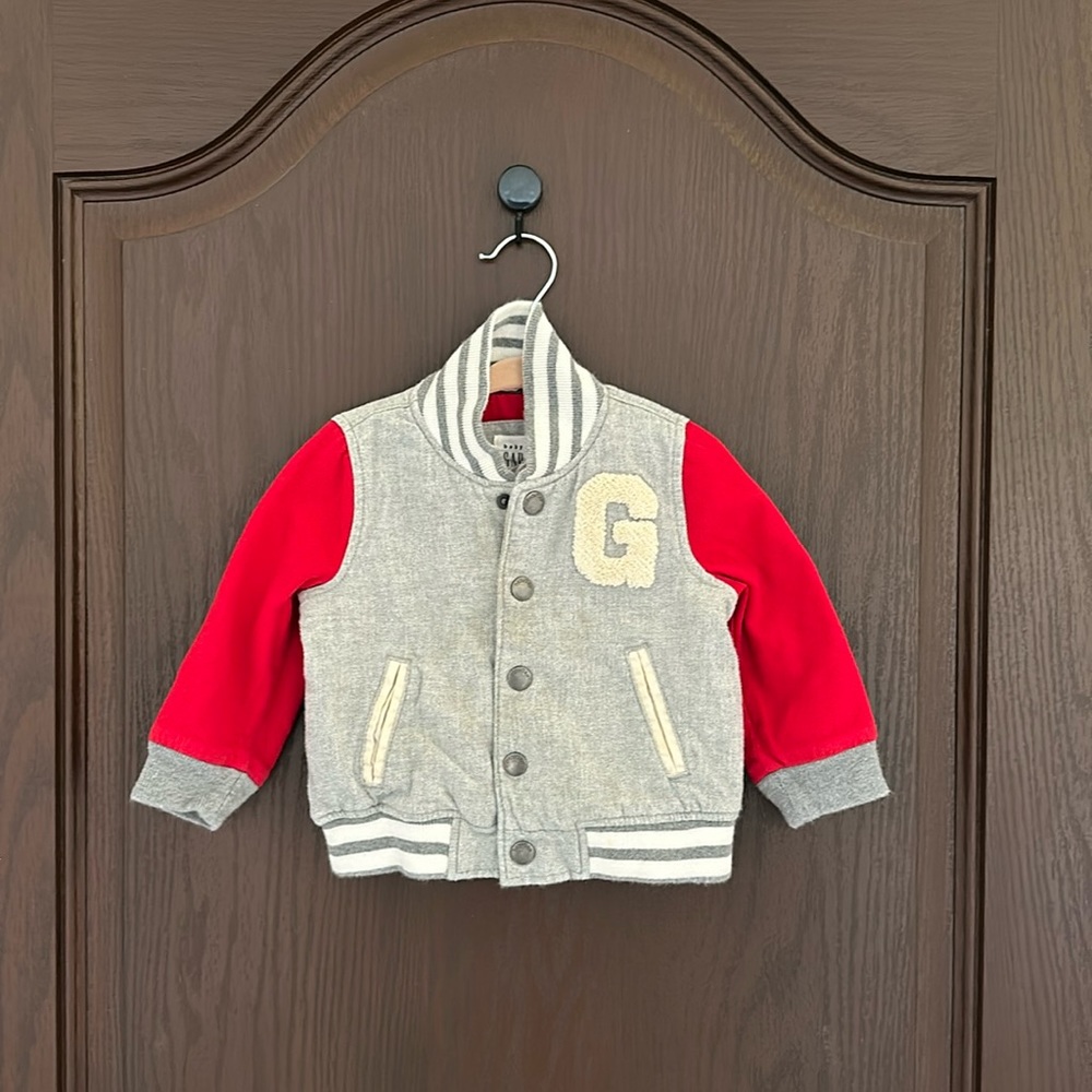 3/$25 Baby GAP Varsity Jacket 12-18M Red Gray Letterman Jacket Toddler Boys